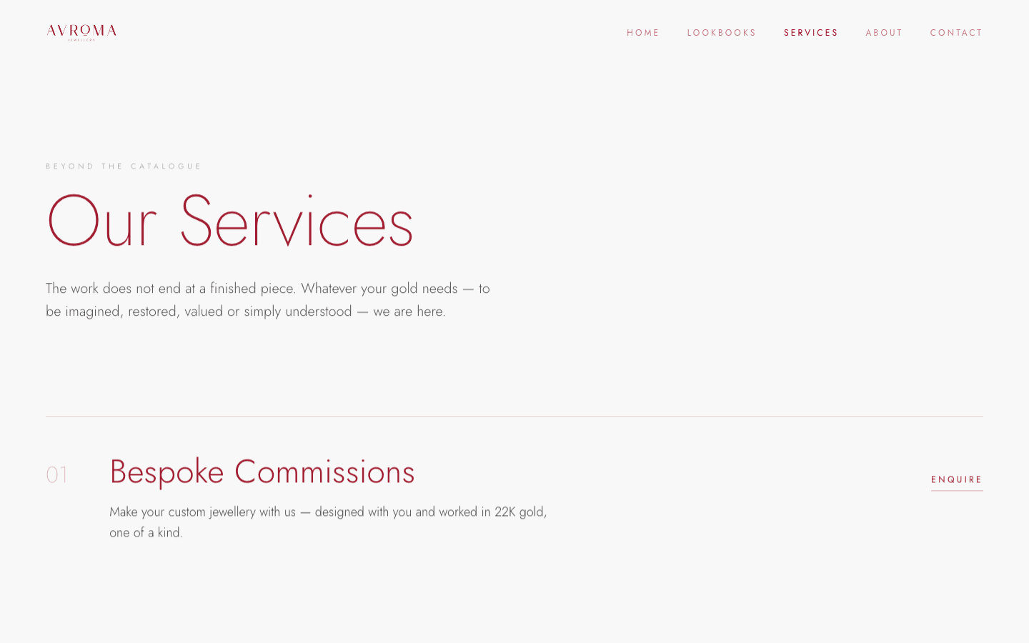 Avroma services page listing bespoke commissions and other services