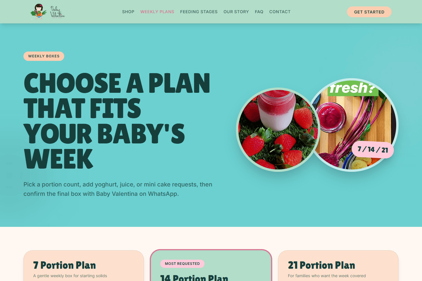 Baby Valentina weekly meal plan subscription page