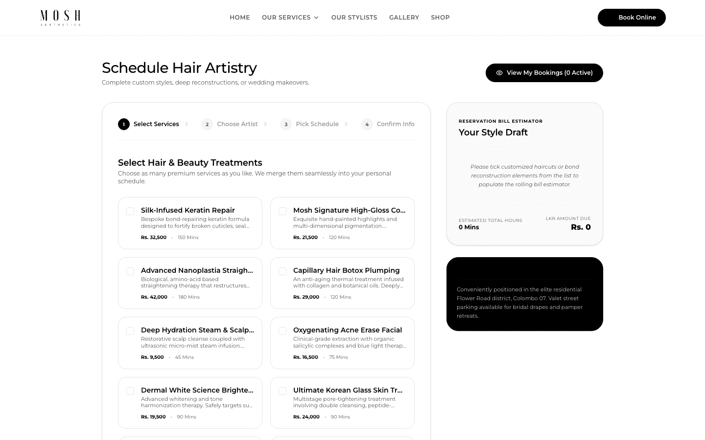 Mosh Aesthetics four-step booking flow with live bill estimator