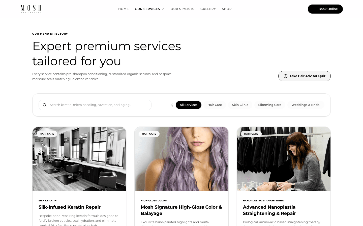 Mosh Aesthetics searchable service directory
