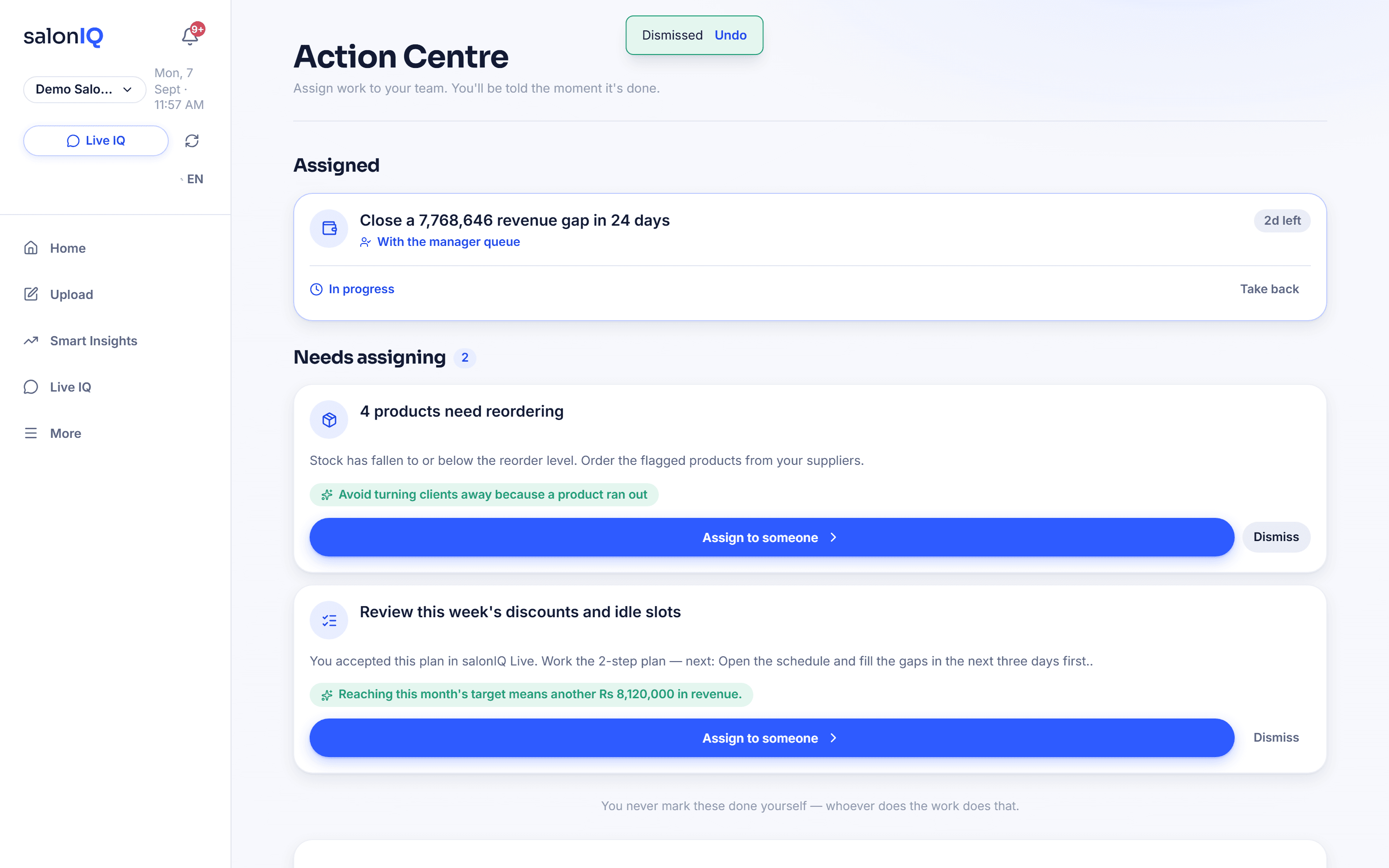 SalonIQ Action Centre with recommended actions to assign to the team