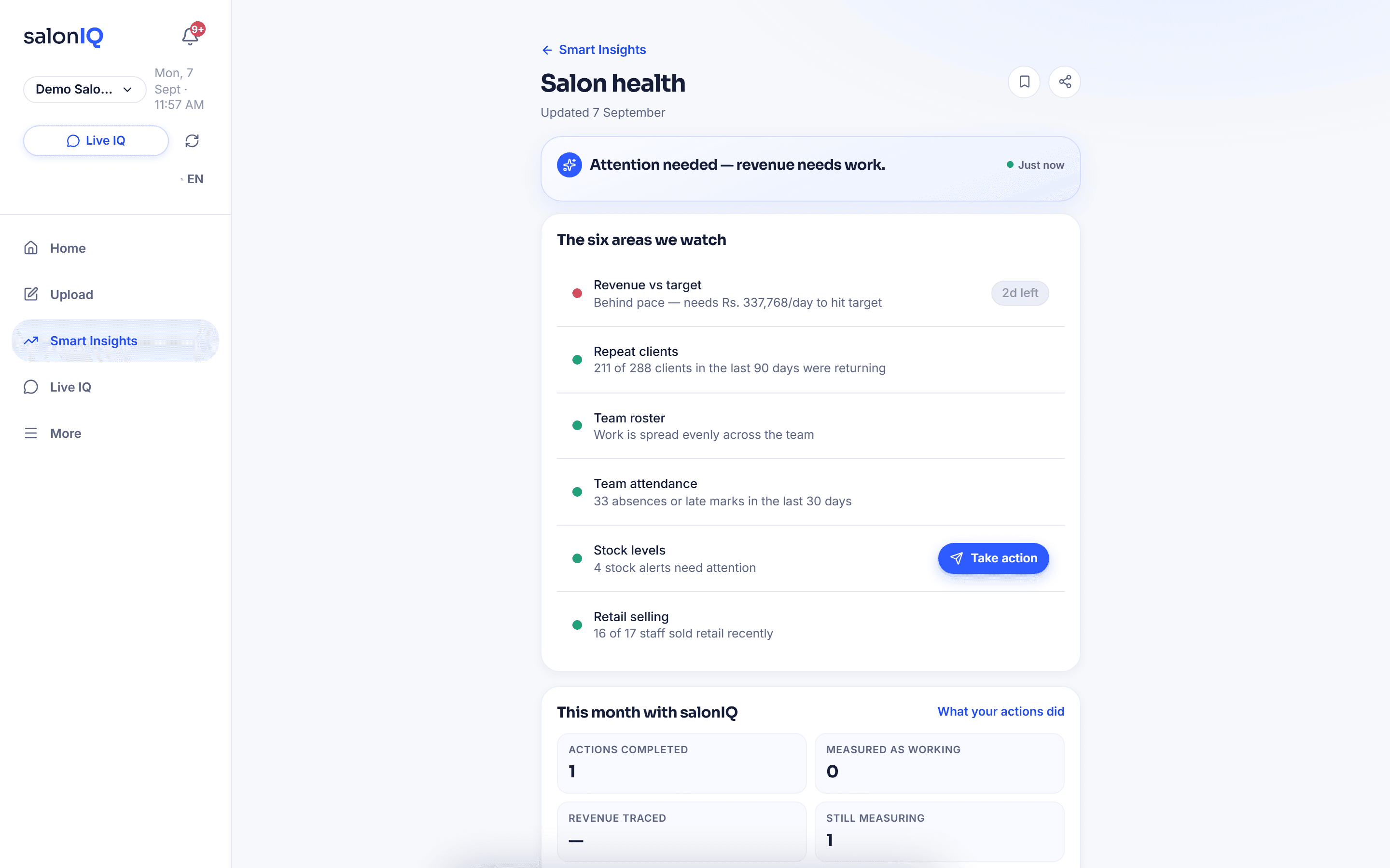 SalonIQ salon health briefing listing the six areas with a status word for each