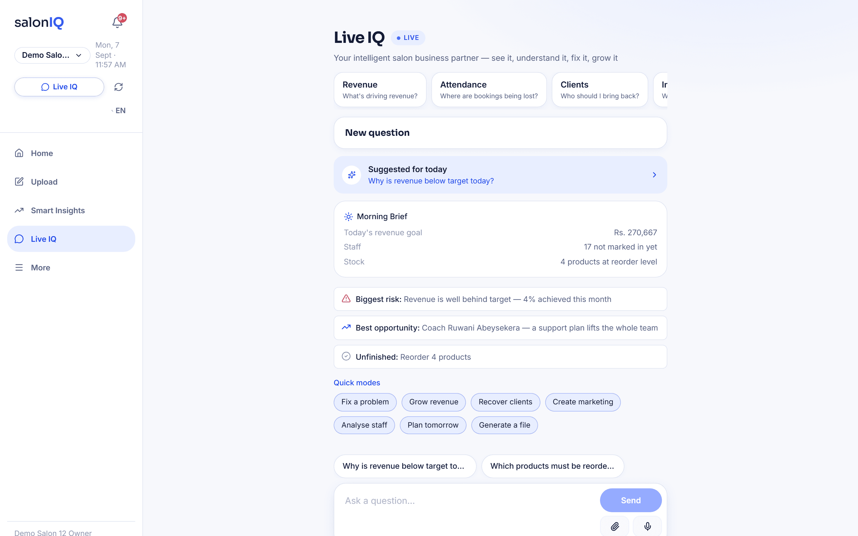 SalonIQ Live IQ, a chat that answers questions from the salon's own data