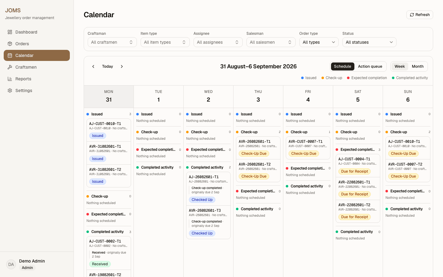 JOMS operational calendar with issued, check-up and completion lanes
