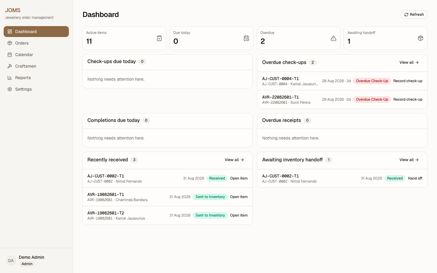JOMS dashboard showing active items, overdue check-ups and awaiting handoff