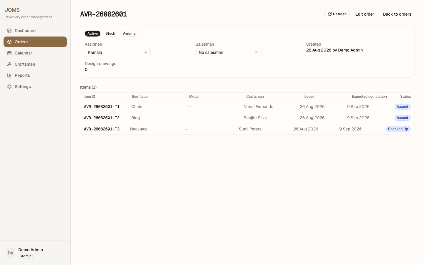JOMS order detail showing three items with stable item IDs and per-item status