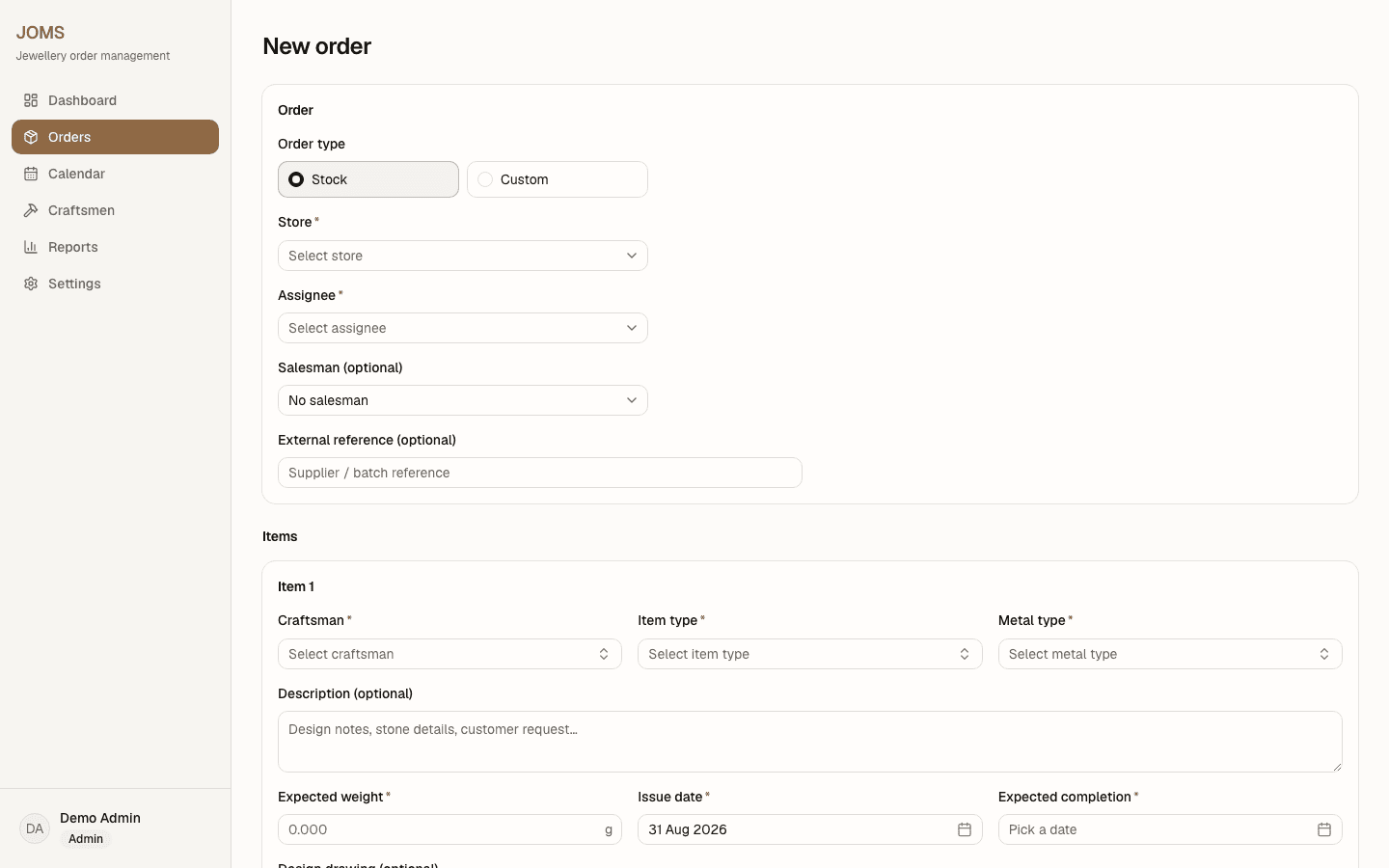 JOMS new order form with store, assignee, craftsman, item type, metal type, expected weight and dates