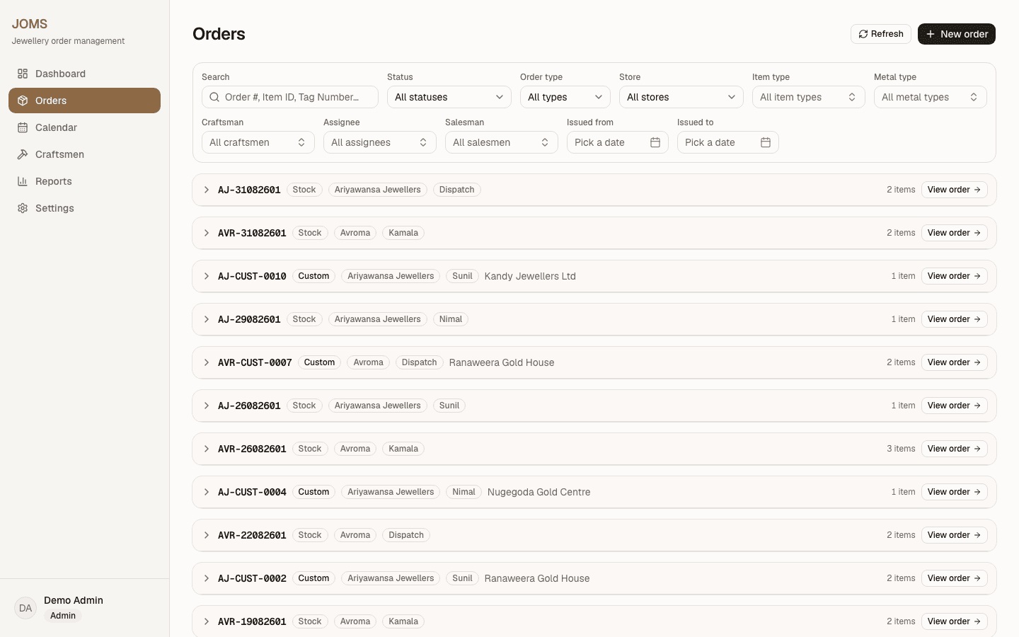 JOMS order list with filters for craftsman, store, item type and date range
