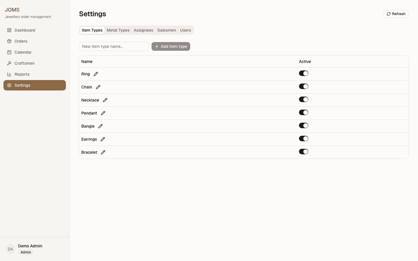 JOMS settings for item types, metal types, assignees, salesmen and users